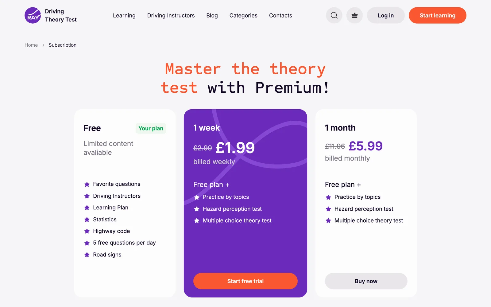 The subscription page of Ray's UK driving-theory website with Free, 1 week and 1 month plans
