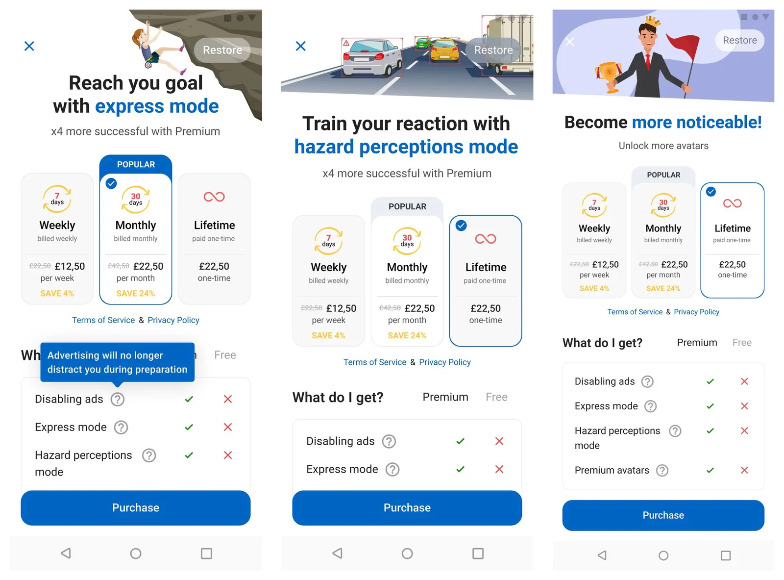 Three 2023 Android purchase screens, each introduced by the feature being unlocked (express mode, hazard perception, premium avatars), with weekly, monthly and lifetime plans