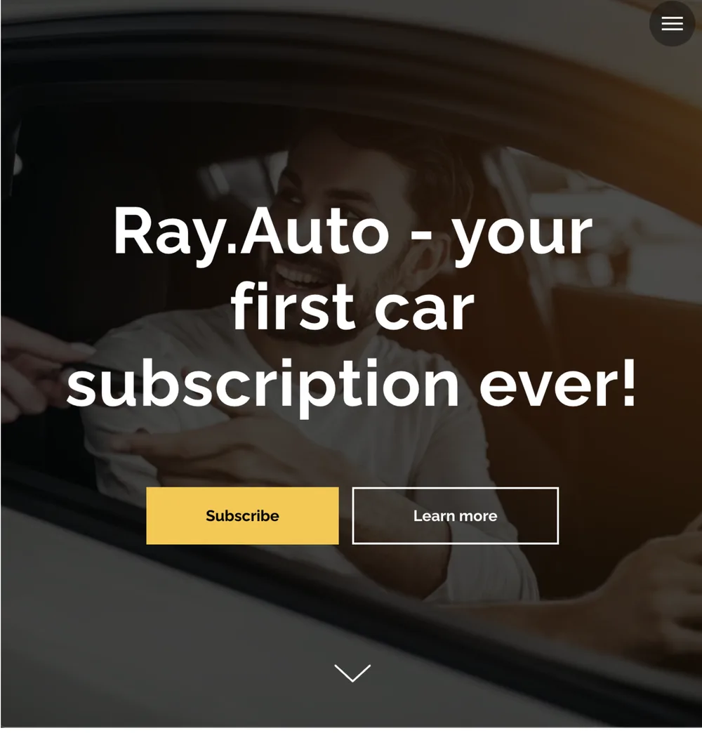 Ray.Auto landing page: «Ray.Auto – your first car subscription ever!» with Subscribe and Learn more buttons over a photo of a driver