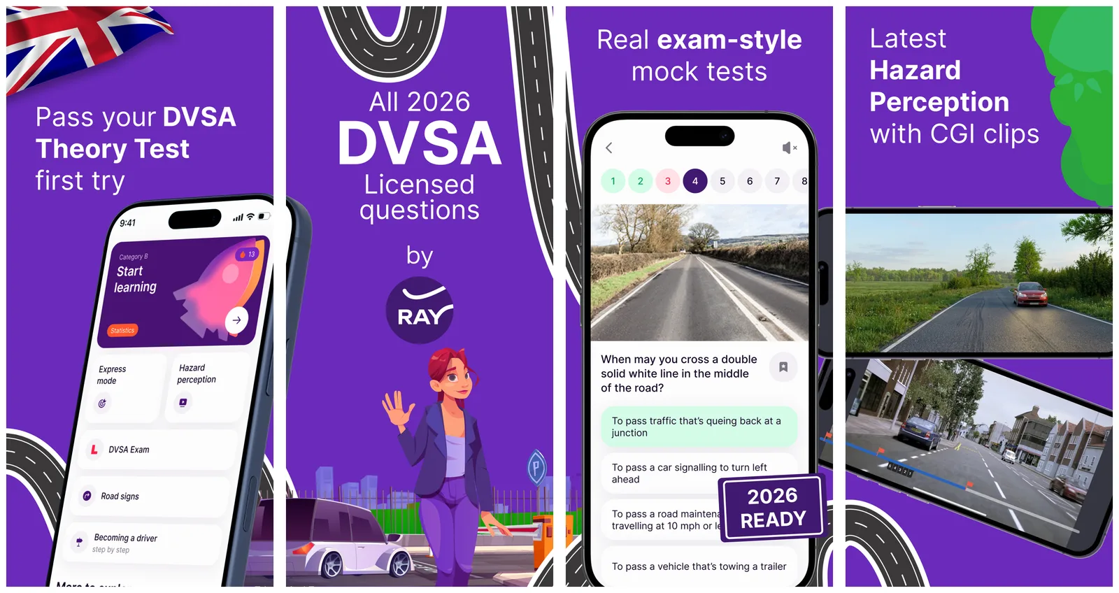 Four current App Store screenshots of Ray's UK driving-theory app: home screen, DVSA-licensed questions, a mock test and hazard-perception clips