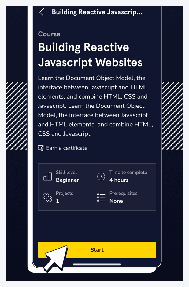 A Codecademy course page showing skill level, time to complete, number of projects, prerequisites, a certificate note and a Start button.