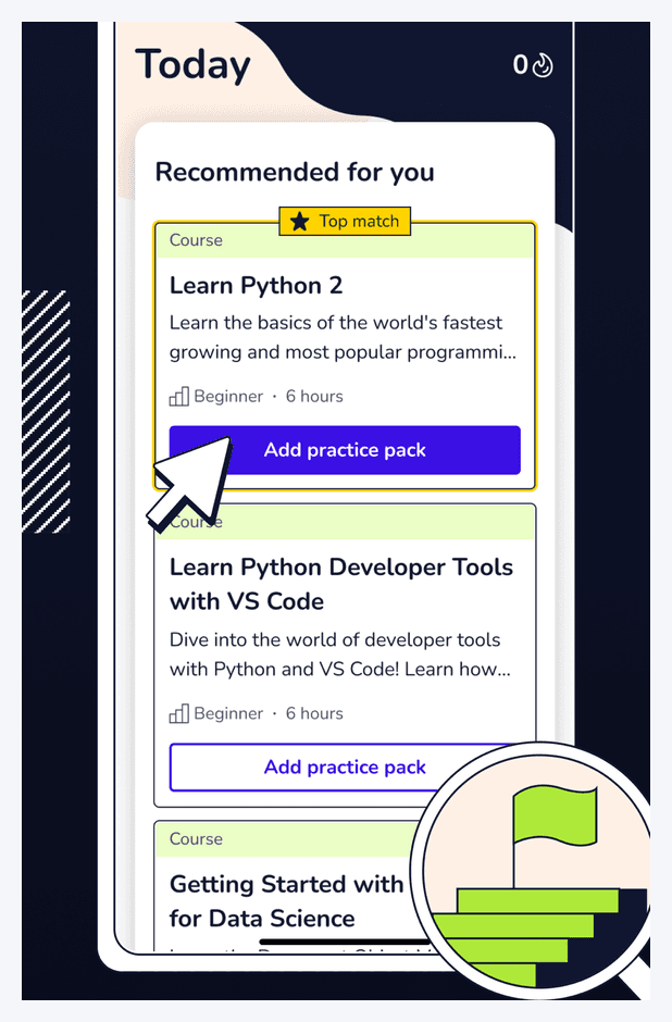 A Codecademy recommendations screen showing suggested courses matched to the learner's goals, each with an Add practice pack action.