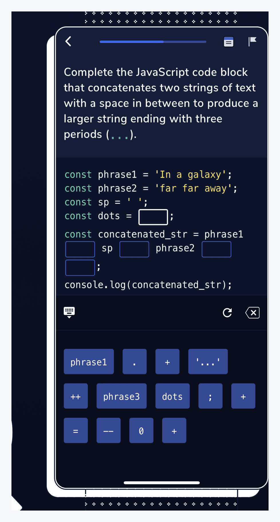 A Codecademy exercise: written instructions to complete a JavaScript code block, the code with empty slots for the learner to fill, and a token keyboard of the available values and operators.