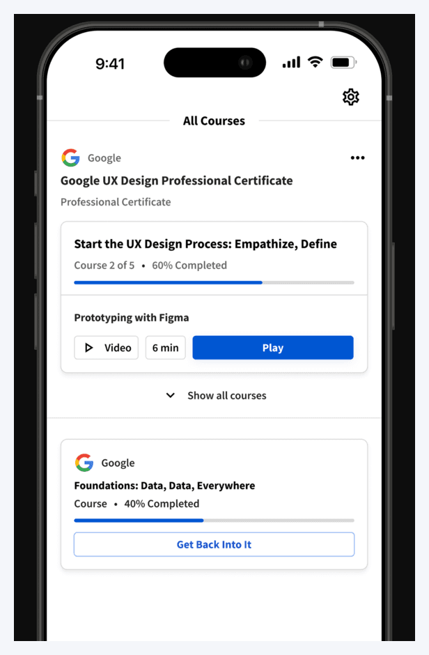 A Coursera course screen showing a Professional Certificate, the position of the current course within the programme, a percentage completed, and lesson items marked as video or hands-on project.