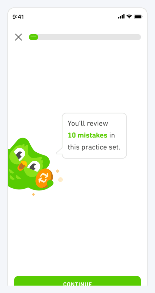 A Duolingo screen confirming that the upcoming practice set will review ten of the learner's mistakes.