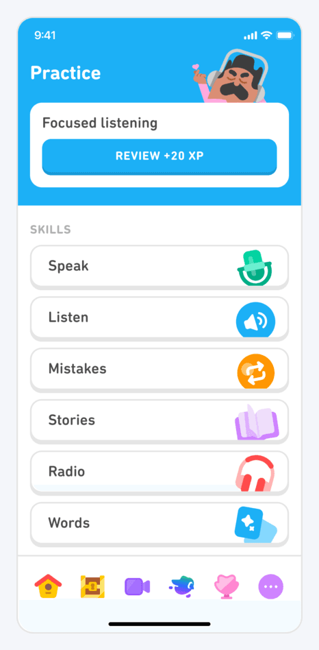 Duolingo's Practice tab listing practice types including Speak, Listen, Mistakes, Stories, Radio and Words, with a focused listening session offered at the top.