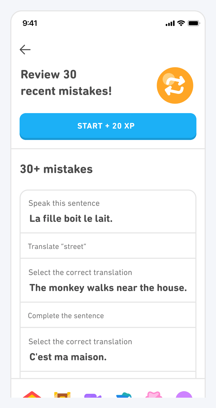 Duolingo's Mistakes review screen offering to review thirty recent mistakes, listing the learner's own specific errors: speaking a sentence, translating a word, and selecting correct translations.