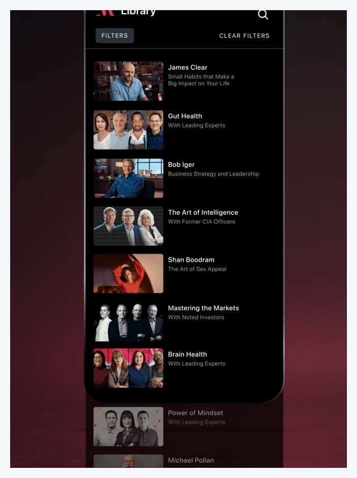 The MasterClass library screen: a filterable list of classes, each with an instructor name and subject.