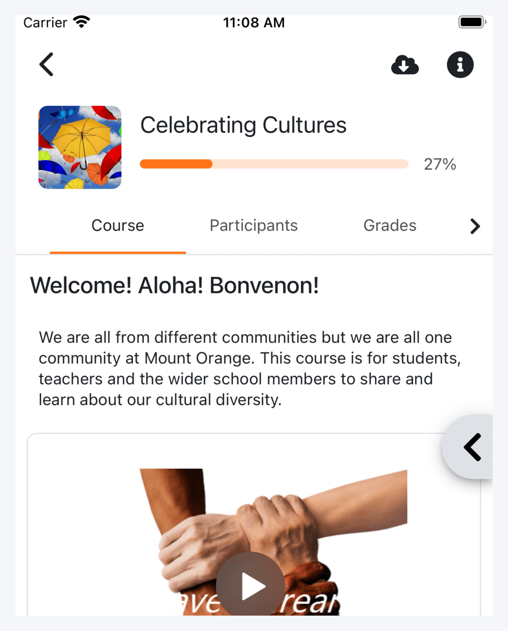 A Moodle course screen showing the course name, a progress bar, tabs for Course, Participants and Grades, a welcome message written by the teacher, an embedded video, and a folder of resources.