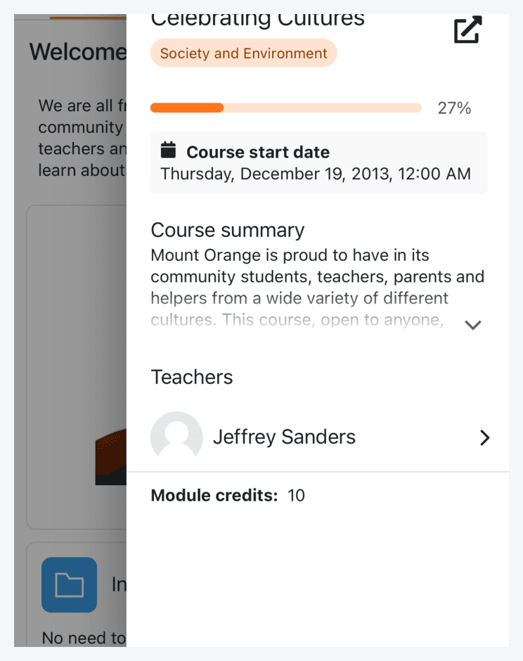 A Moodle course information panel showing course summary, start date, the teacher's name and module credits.