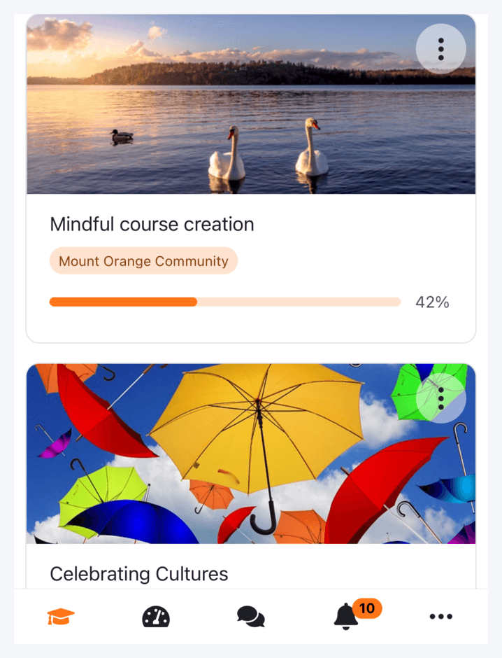 A Moodle course list showing enrolled courses with completion progress bars and a filter for in-progress courses.