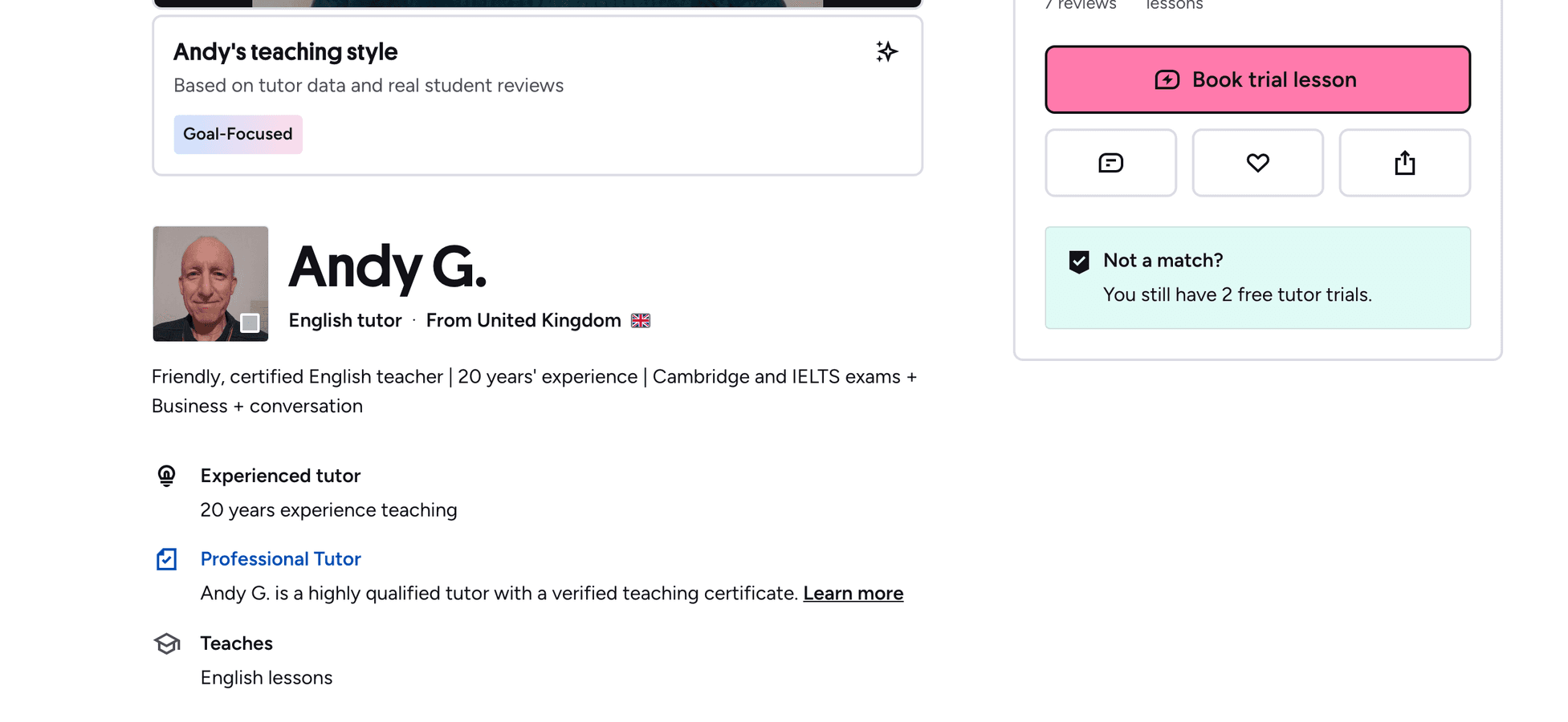 A Preply tutor profile showing an intro video, a teaching-style summary derived from tutor data and reviews, rating, review count, lessons taught, hourly price and a Book trial lesson button.