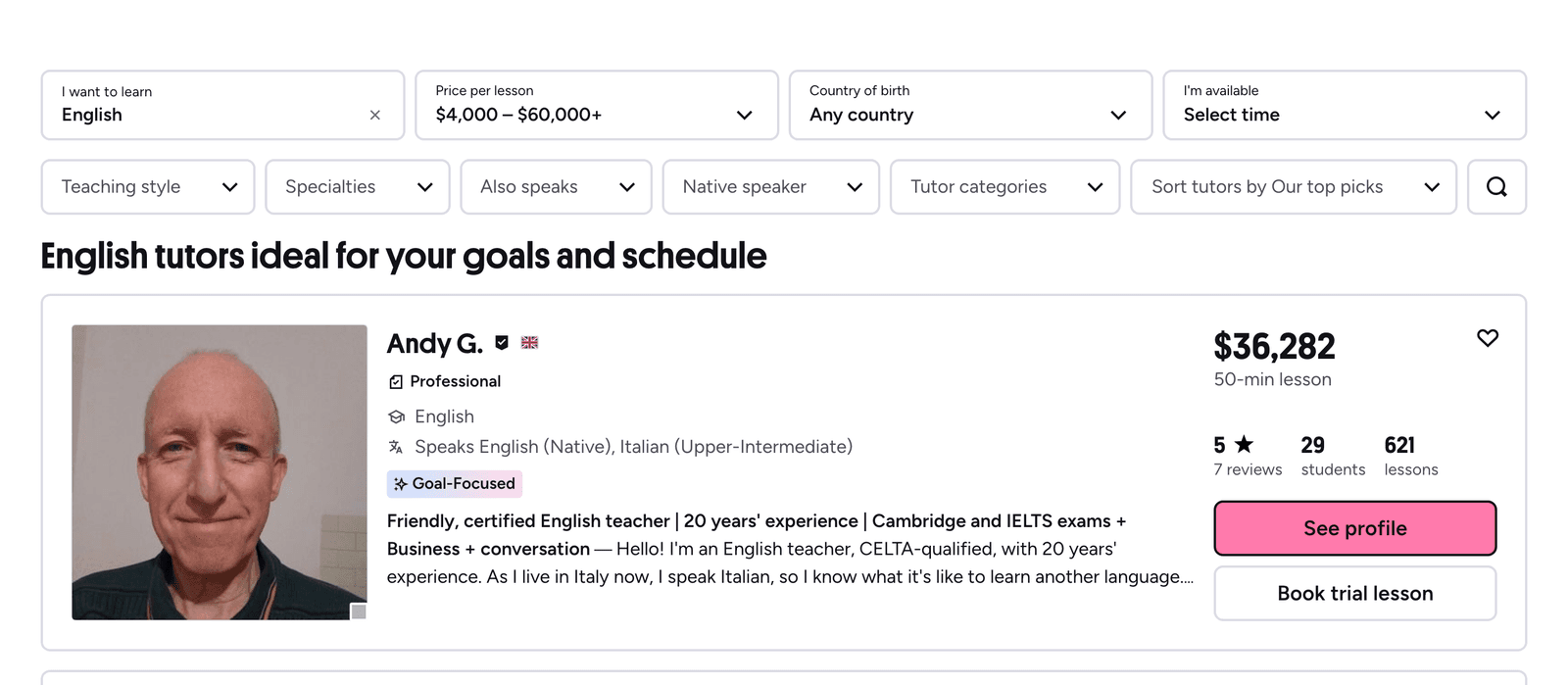 Preply tutor search with filters for language, price per lesson, country of birth, availability, teaching style, specialities and native speaker, above a tutor card showing rating, students, lessons taught and a Book trial lesson button.