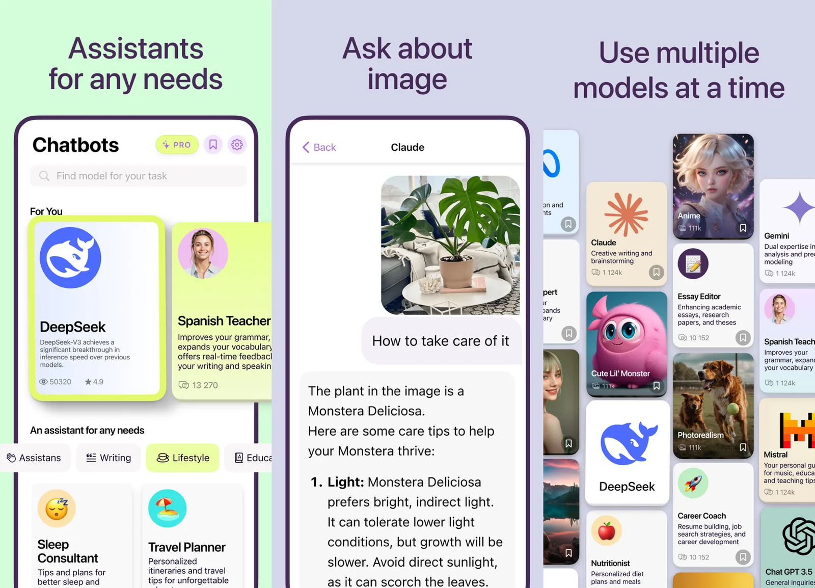 Three App Store screenshots of HyperSpace: chatbots and assistants for any needs, asking a model about an image, and many models side by side