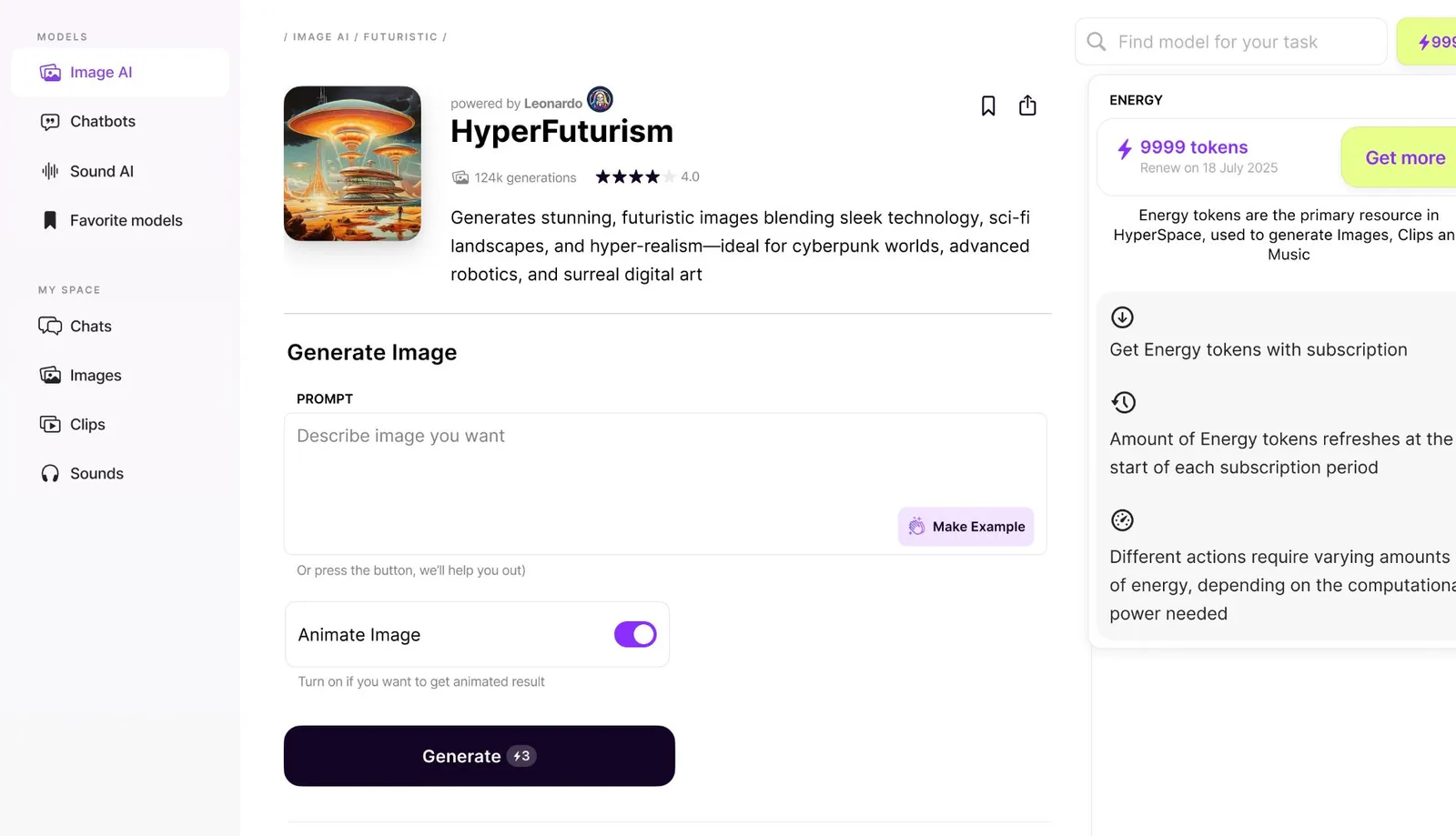 HyperSpace web app, 2025: an image model page with a Generate button costing 3 Energy, and an Energy panel explaining that tokens come with the subscription, refresh each period and are spent according to the compute needed