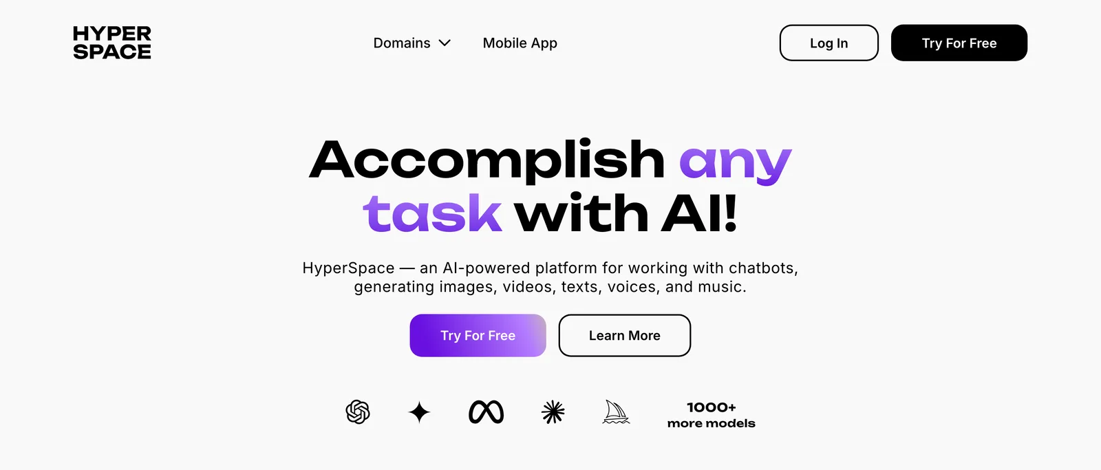 The hyperspace.ai homepage: «Accomplish any task with AI!», a platform for chatbots, images, videos, texts, voices and music, with model logos and «1000+ more models»